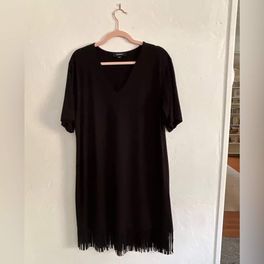 Karen Kane Black V-Neck Dress Large Fringe Hem